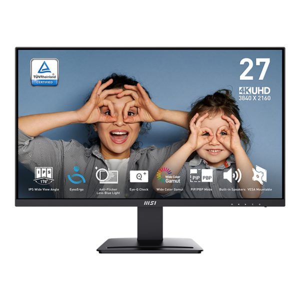 مانیتور 27 اینچ ام اس آی مدل PRO MP273U، رزولوشن 4K UHD، پنل IPS، نرخ بروزرسانی 60 هرتز، با نسبت تصویر 16:9، دارای اسپیکر داخلی، دارای پورت HDMI و DisplayPort و خروجی هدفون